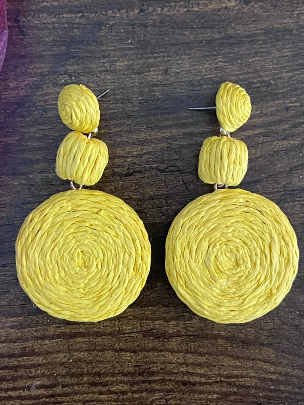 Yellow Woven Disc Drop Earrings